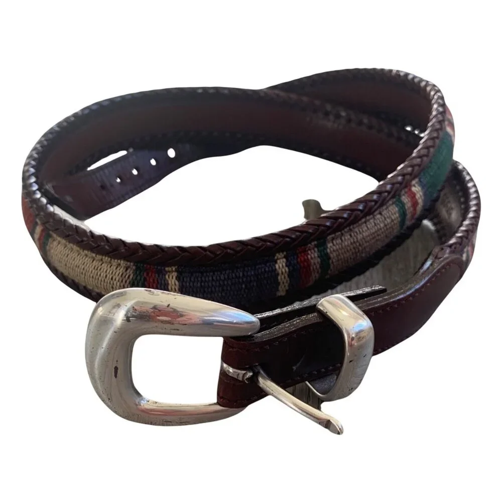 Vintage Boho Southwestern Woven Silver Buckle Belt 38